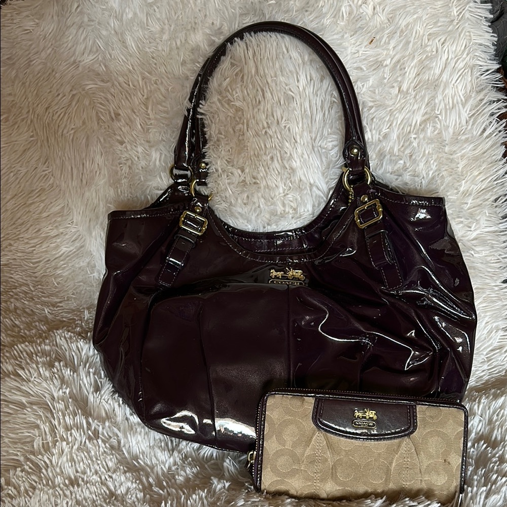 Coach Dark purple Patent Leather Tote Bag with matching wallet